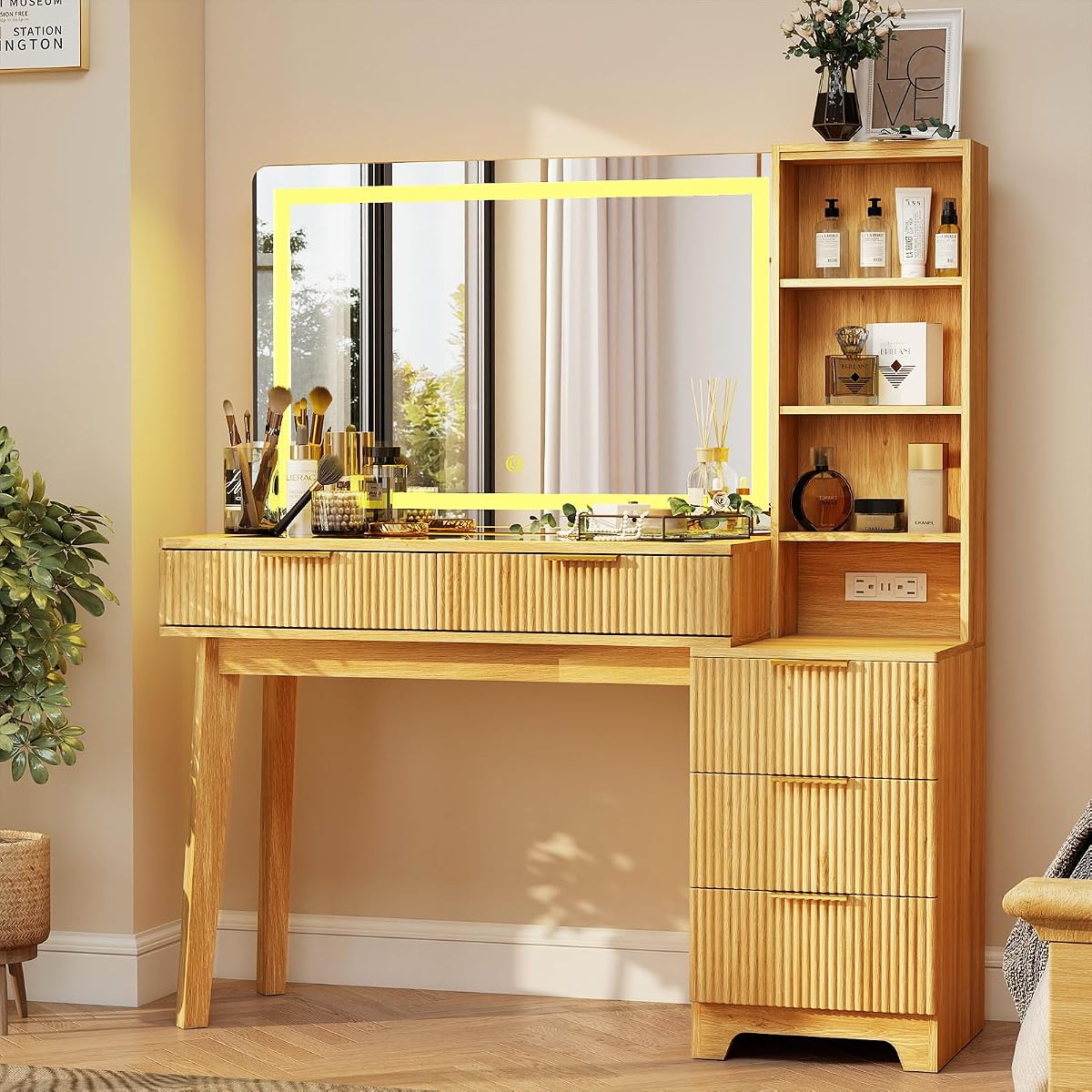 Oak Fluted Makeup Vanity Desk, 48" Vanity Desk with 36" Mirror