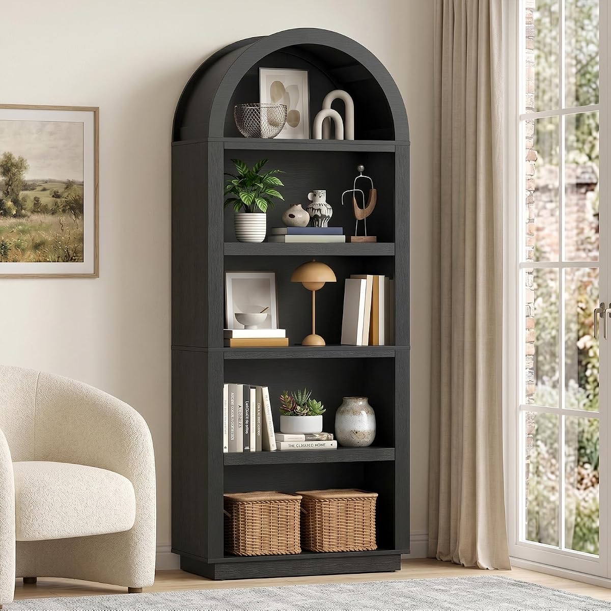76" Tall Arched Bookshelf with Adjustable 2 Book Shelves, Black Oak
