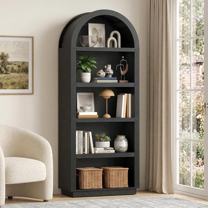 76" Tall Arched Bookshelf with Adjustable 2 Book Shelves, Black Oak