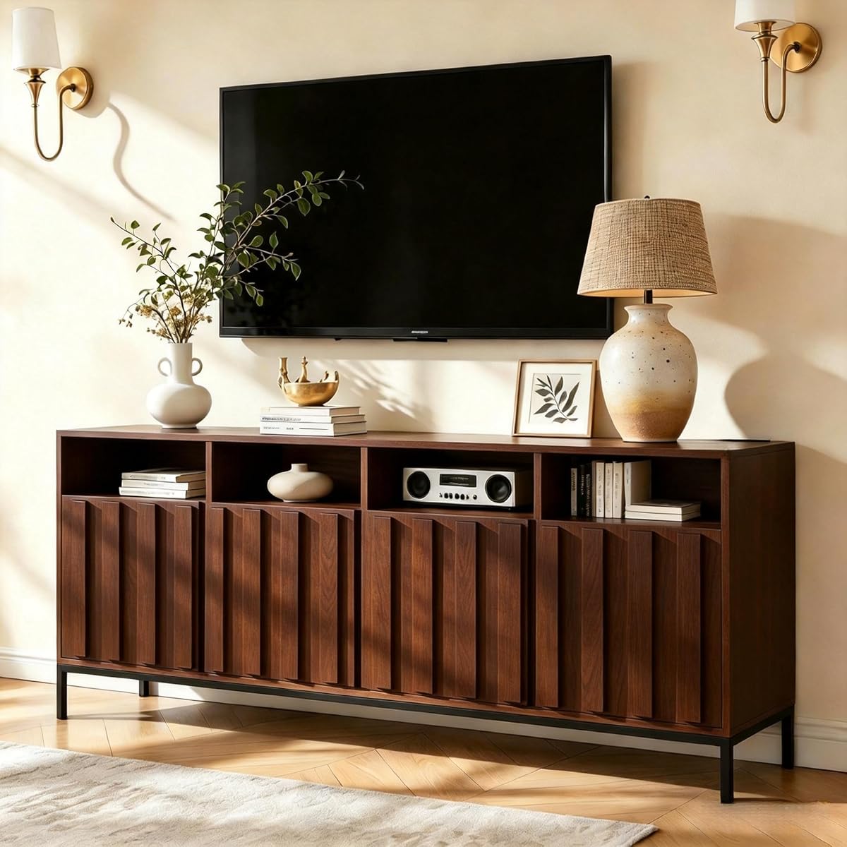 70" Walnut Fluted TV Stand for up to 80" TVs with Power Outlets