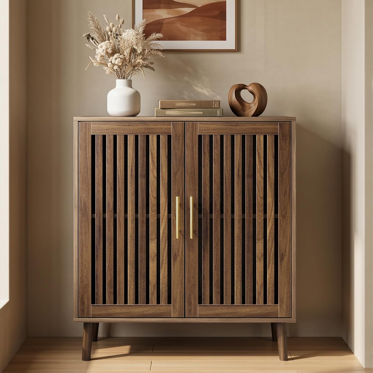 Sideboard Cabinet, 31.5" W Farmhouse Buffet Cabinet with Slatted Doors & Adjustable Shelf, Wood Coffee Bar Storage Station for Kitchen, Dining Room, Living Room, Entryway, Walnut Color