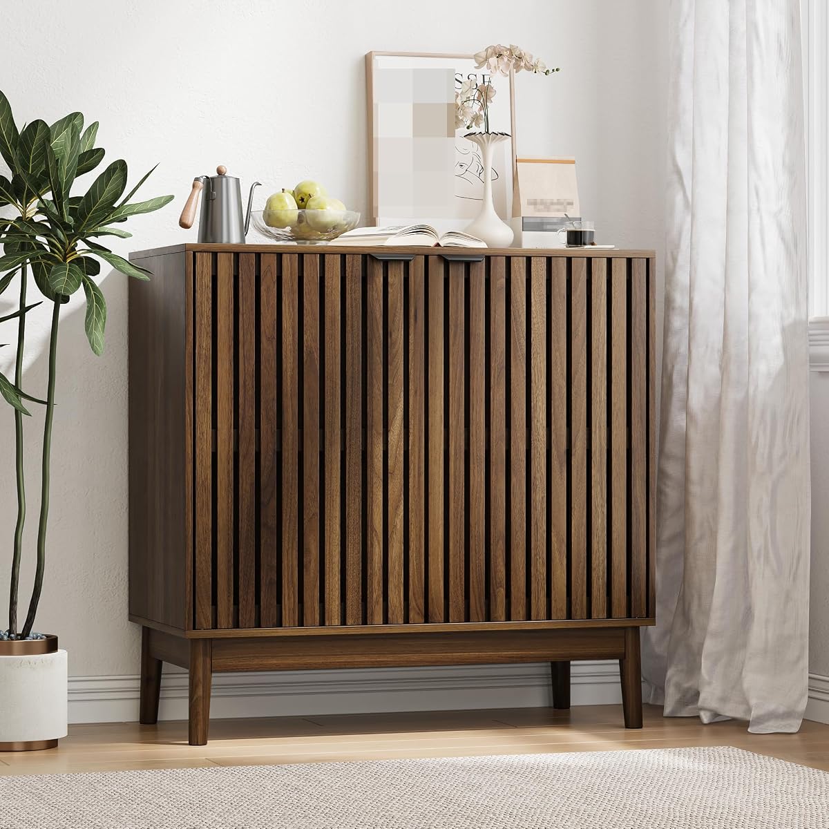 Sideboard Buffet Cabinet with Storage, Freestanding Kitchen Storage Cabinet with 2 Slatted Doors and Adjustable Shelves, Wooden Cupboard for Kitchen, Entryway (Slatted Door Walnut)