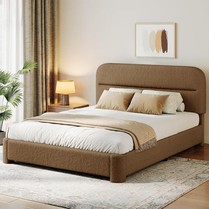WEUP Queen Upholstered Bed Frame, Brown Cloud Boucle Bed with Headboard