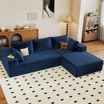 96" Cloud Sectional Couch with L-Shaped Chaise, Modern Corduroy Sectionals Couches with Deep Seat, Boneless Sofa 3 Seater for Living Room, No Assembly Required (Blue, Right Facing Chaise)