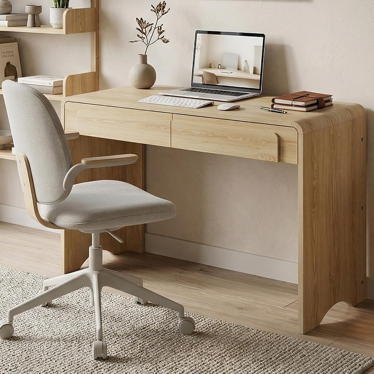 47" Computer Desk with 2 Drawers, Modern Wood Writing Desks, Oak