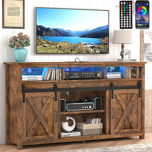 57In Wooden Farmhouse Entertainment Center for 60/65 inch TV,Double Layer Storage Farmhouse TV Stand,Double-Row Sockets with Wood Sliding Barn Door TV Stand, Double Layer Vintage Brown