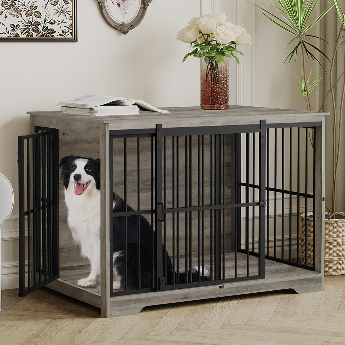44.1" XL Dog Crate Furniture Indoor Dog Kennel with Barn Door