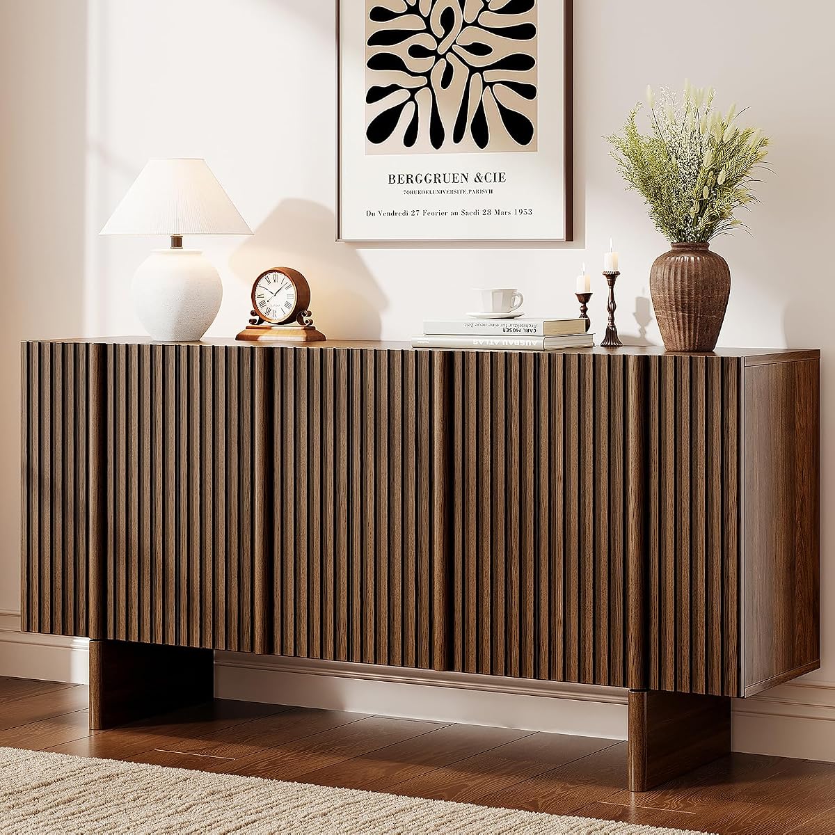63" Fluted Sideboard Cabinet with Storage Adjustable Shelves Walnut