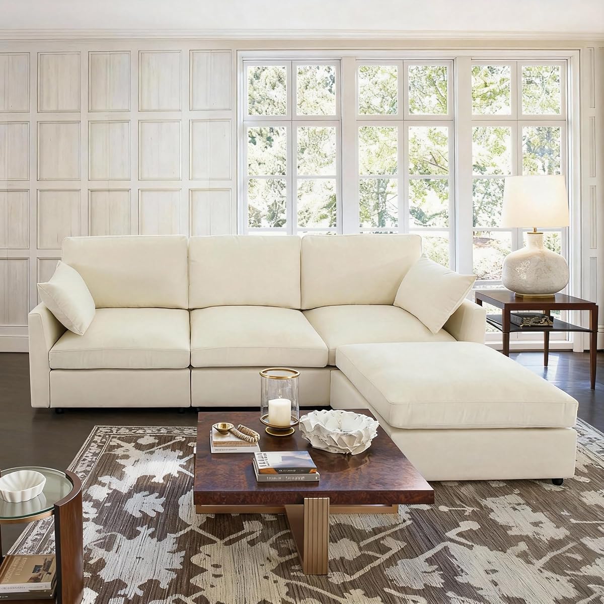 Sectional Cloud Couch for Living Room, Spring Cushion Seating, L Shaped Convertible Modular Sofa with Ottoman, Beige