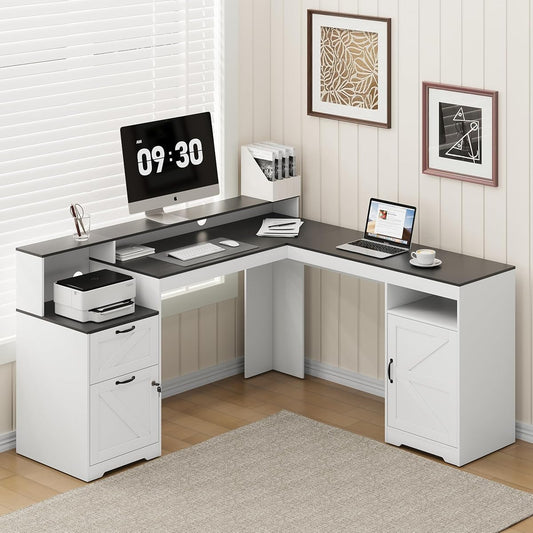63" Farmhouse L Shaped Executive Desk, Corner Computer Desk with Drawers & Storage Shelf, Home Office Desk with Power Outlet, Monitor Stand, Wood Grain Desktop, White & Black
