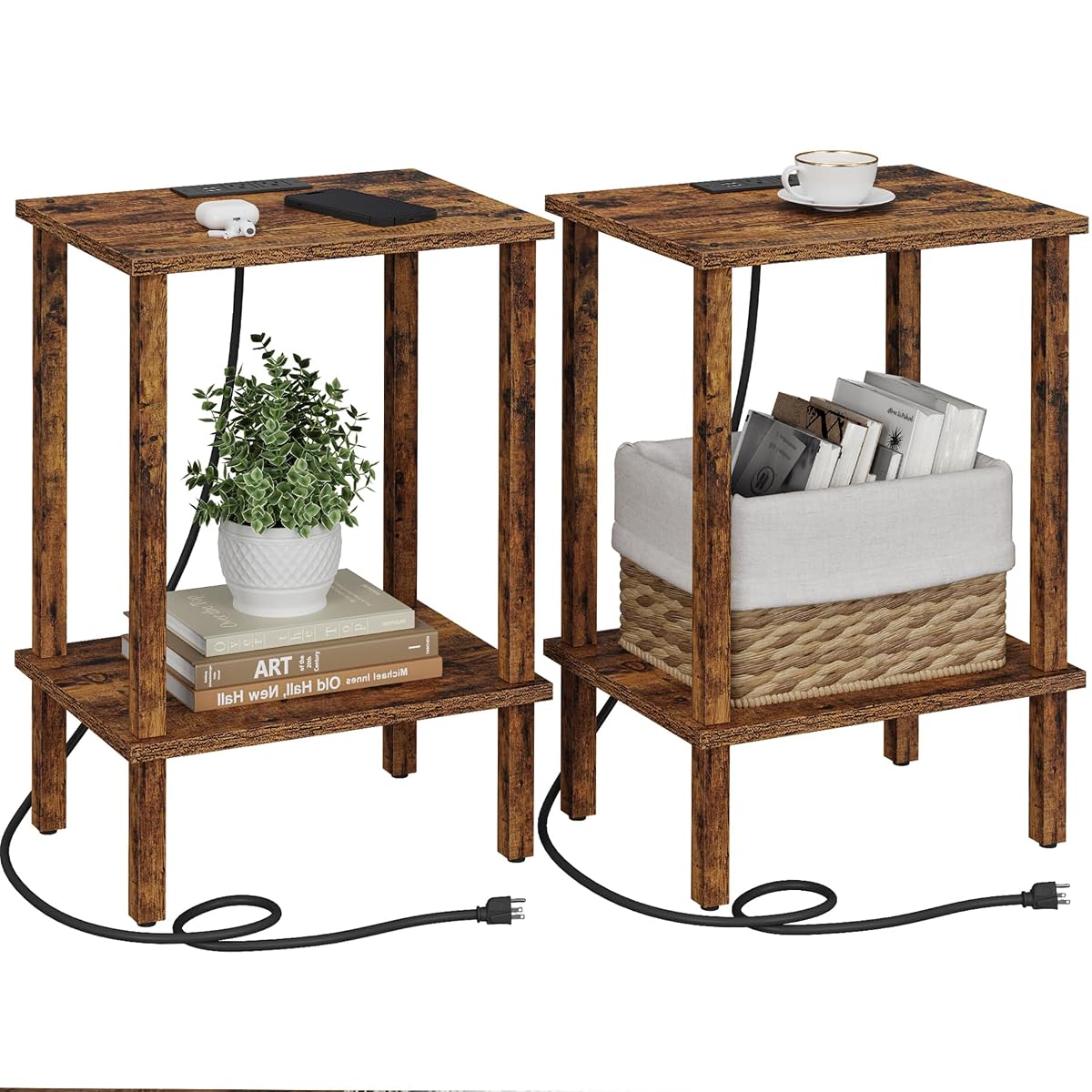 End Table with Charging Station, Set of 2, Small Side Table with Outlets, Nightstand Bedside Table, 2-Tier Storage Shelf for Small Space, Living Room, Bedroom Brown TB01BB041C