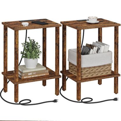 End Table with Charging Station, Set of 2, Small Side Table with Outlets, Nightstand Bedside Table, 2-Tier Storage Shelf for Small Space, Living Room, Bedroom Brown TB01BB041C