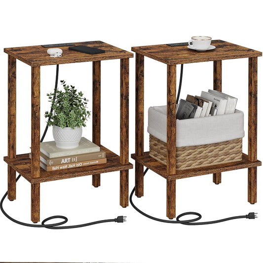 End Table with Charging Station, Set of 2, Small Side Table with Outlets, Nightstand Bedside Table, 2-Tier Storage Shelf for Small Space, Living Room, Bedroom Brown TB01BB041C