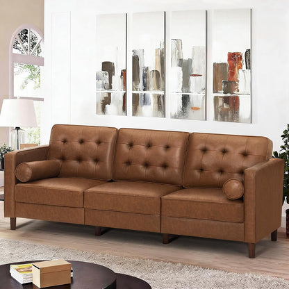 84 Inches Modern Faux Leather 3-Seat Sofa w/2 Bolster Pillows & Tufted Backrest, Mid-Century Couch, Premium 3 Seaters Sofa for Living Room, Bedroom, Office, Brown