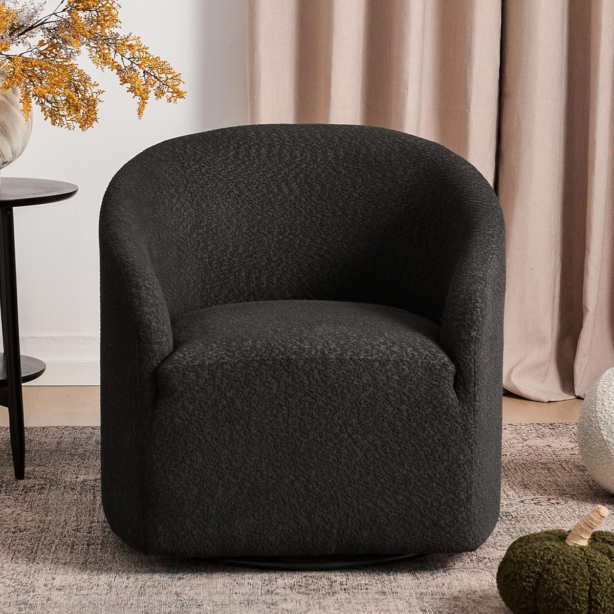 32" Wide Modern Boucle Swivel Barrel Chair, No Assembly Round Upholstered Swivel Accent Armchair for Living Room, Bedroom, Office (Black)
