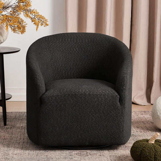 32" Wide Modern Boucle Swivel Barrel Chair, No Assembly Round Upholstered Swivel Accent Armchair for Living Room, Bedroom, Office (Black)