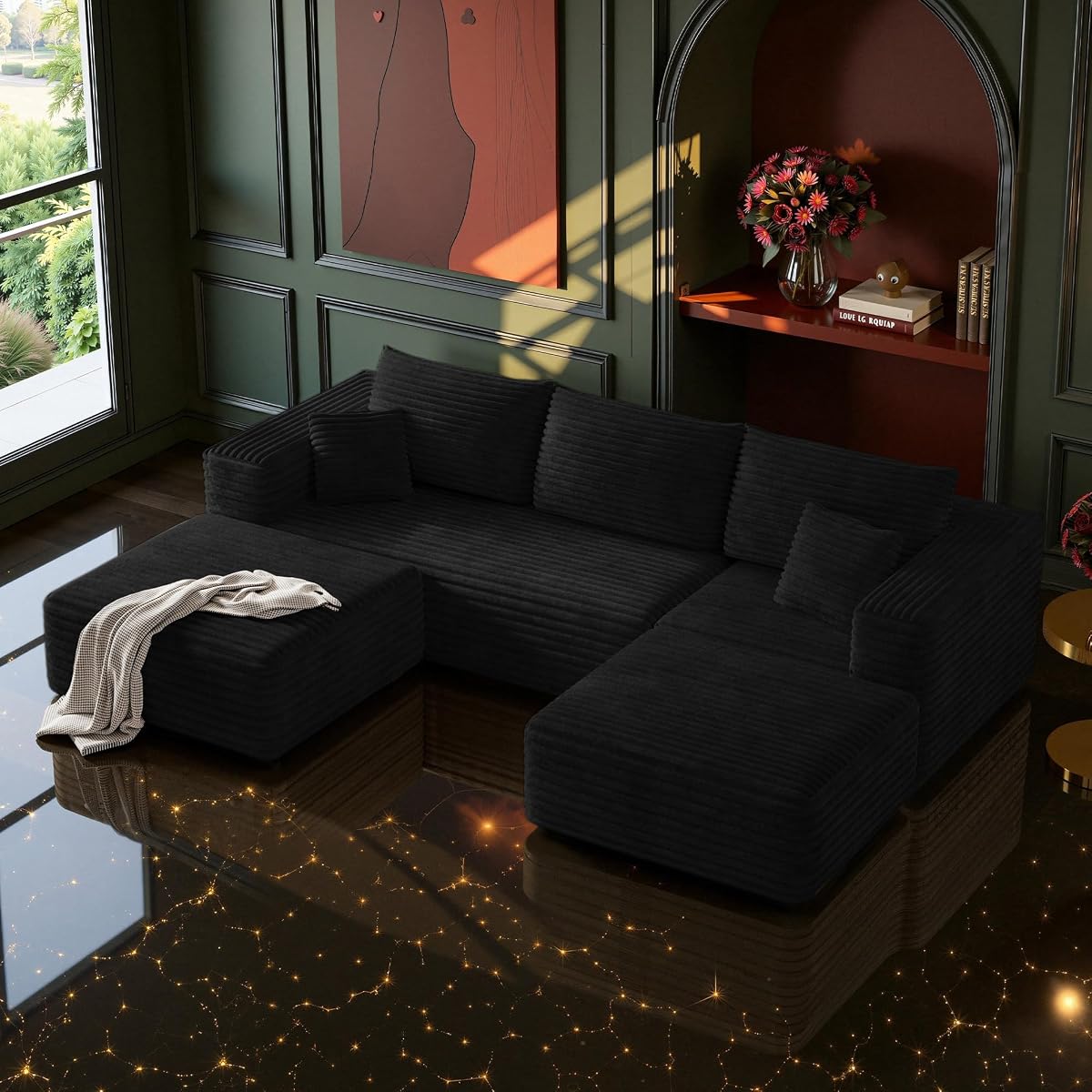 106" Boneless Couch, U Shaped Sectional Sofa with Deep Seat, Modular Cloud Couch with 2 Ottomans, No Assembly Corduroy Couch for Living Room, Black