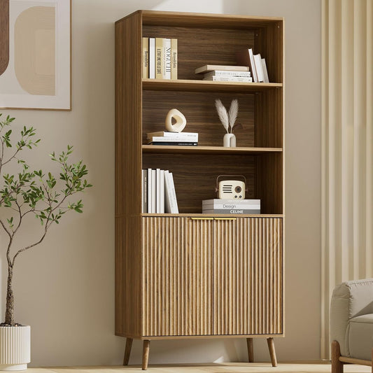 Walnut Bookshelf, 70.9" Tall Book Shelf, 5-Tier Bookcase with Fluted Doors and Adjustable Shelves, Wooden Storage Cabinet for Living Room, Office(Walnut, 1PC)