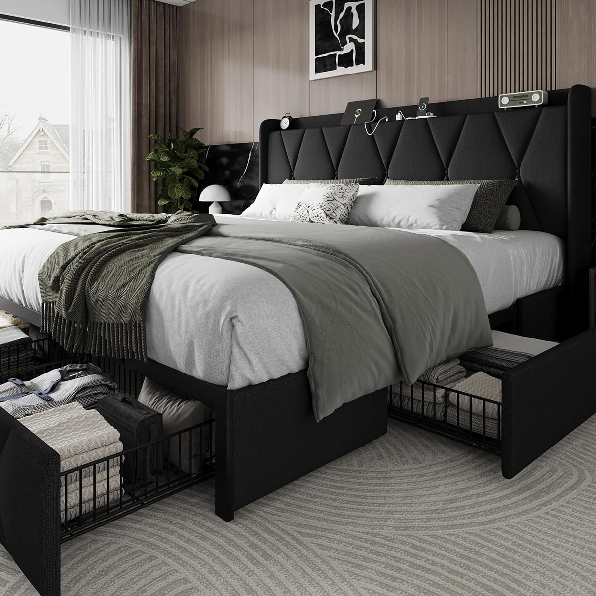King Size Bed Frame with 4 Storage Drawers and Charging Station
