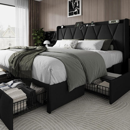 King Size Bed Frame with 4 Storage Drawers and Charging Station