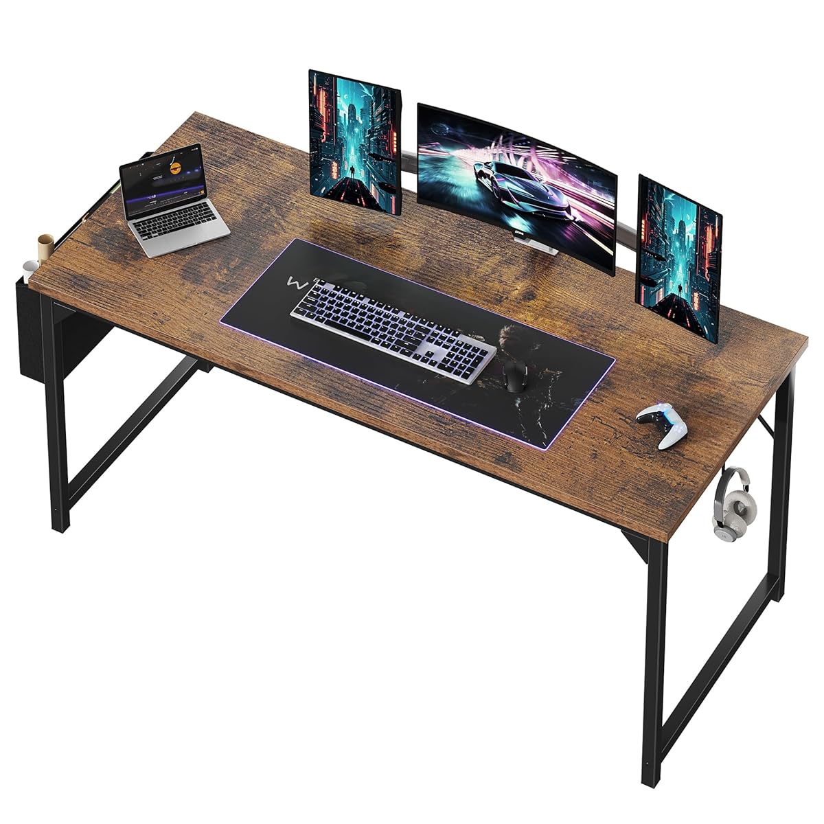 Computer Desk 63 Inch Home Office Desks for Small Spaces, Gaming Writing Study Work Table with Storage Bag and Headphone Hook for Bedroom, Rustic Brown