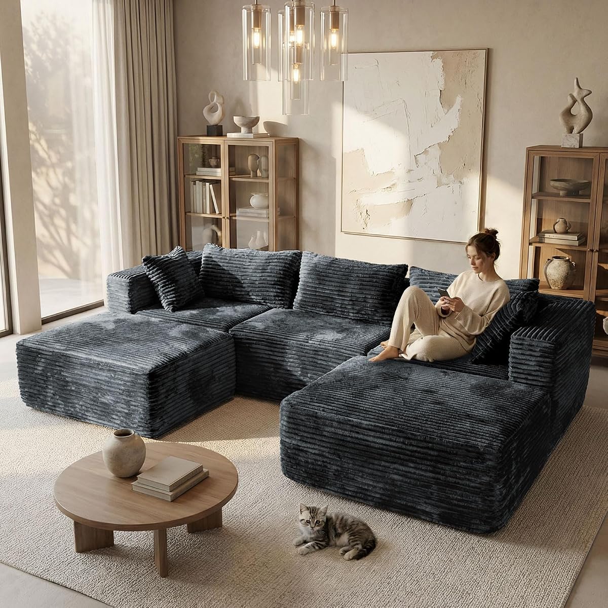 110 Modular Sectional Boneless Sofa with 2 Ottomans, Corduroy U-Shaped Modular Sectional Sofa, Convertible Cloud Couch with Deep Seats, No Assembly Required (Grey, 110" 3Seat+2 0ttoman)
