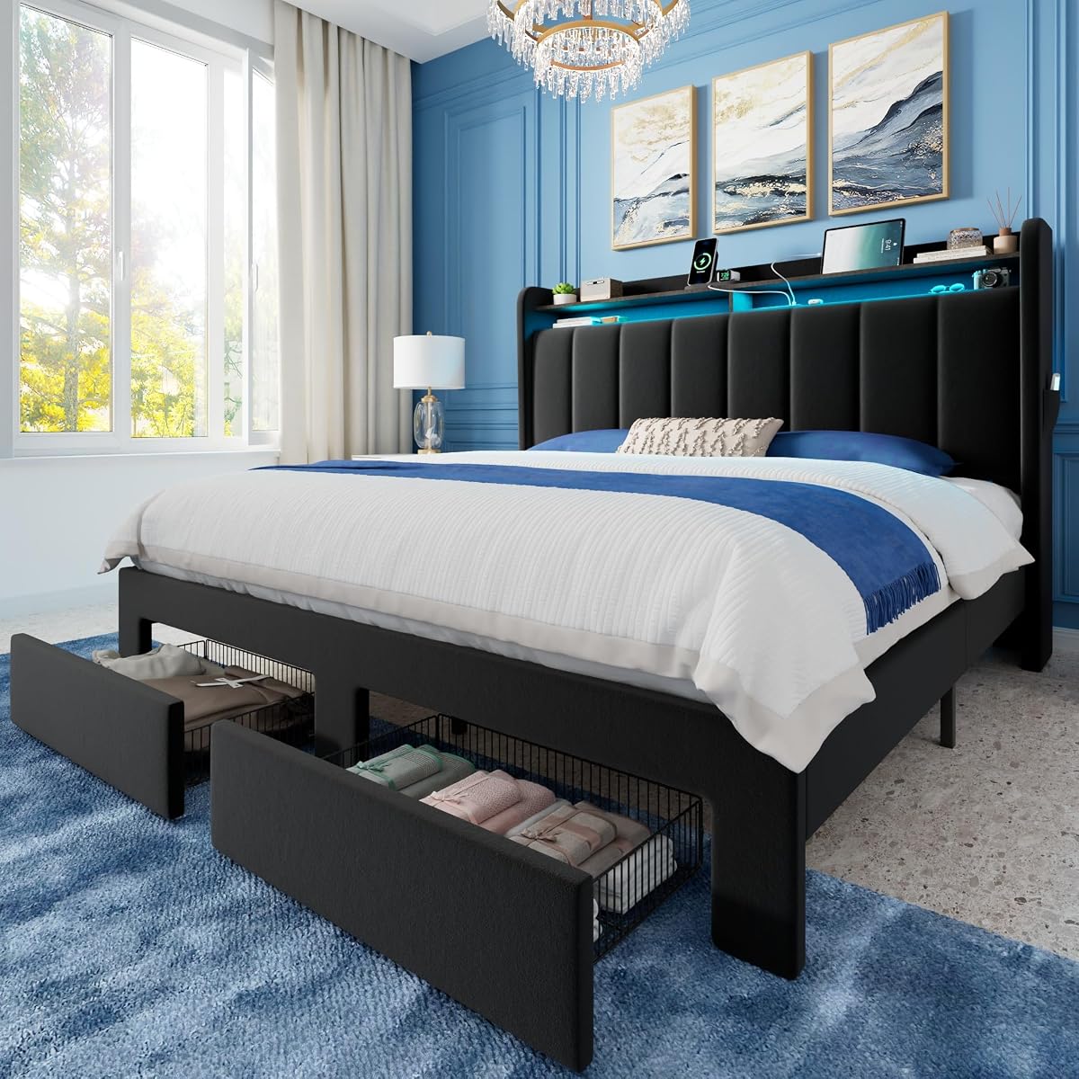 Queen Bed Frame with 2-Tier Storage Headboard & 2 Large Drawers