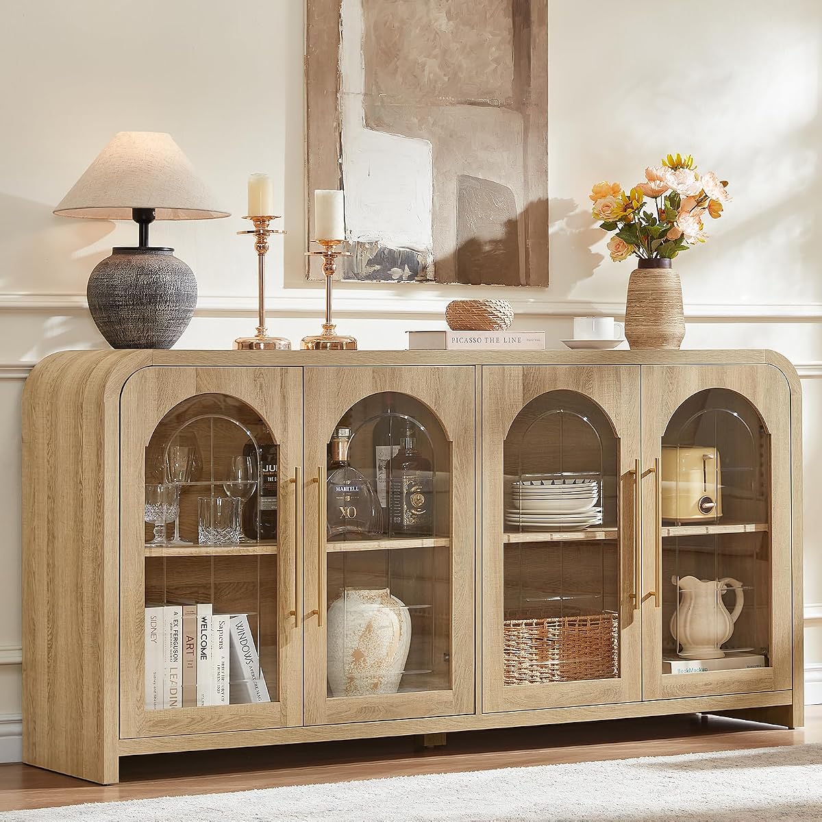 65" Sideboard Buffet Cabinet with Arched Glass Doors, Natural