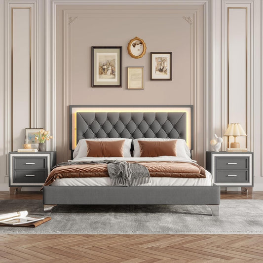 Bedroom Sets, 3-Pieces Bedroom Sets, Queen Size Upholstered Platform Bed with LED Lights and 2 Nightstands, Gray