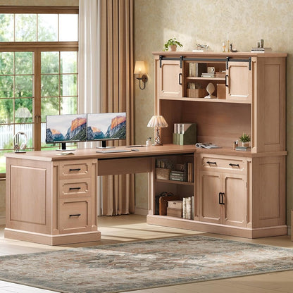 67" Farmhouse Desk with Hutch, L Shaped Office Desk with 4 Drawers & Storage Cabinet, Executive Corner Computer Desk with Sliding Doors, File Drawer & Power Outlet for Home Office, Oak
