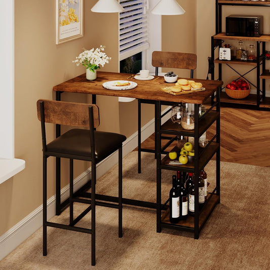 Dining Table Set for 2 with 3 Storage Shelves, 3-Piece Counter Height Kitchen Table Set with 2 Upholstered Bar Stools, Bar Table and Chairs Set for Small Space, Brown