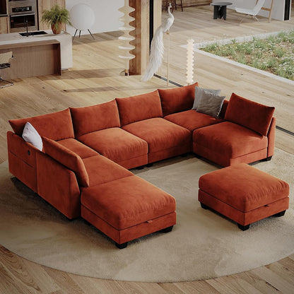 124" Modular Sectional Sofa, Modern Chenille U-Shaped 8 Seater Sectional Sofa with Storage Ottoman & USB Ports, L-Shaped Cloud Couch Orange Sectional Couch for Living Room(Orange)