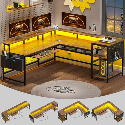 L Shaped Computer Desk, Reversible Computer Desks, L Shaped Desk with Power Outlets & LED Strip, Monitor Shelf, Keyboard Tray, Pegboard and Storage Shelves for Home Office, Rustic Brown