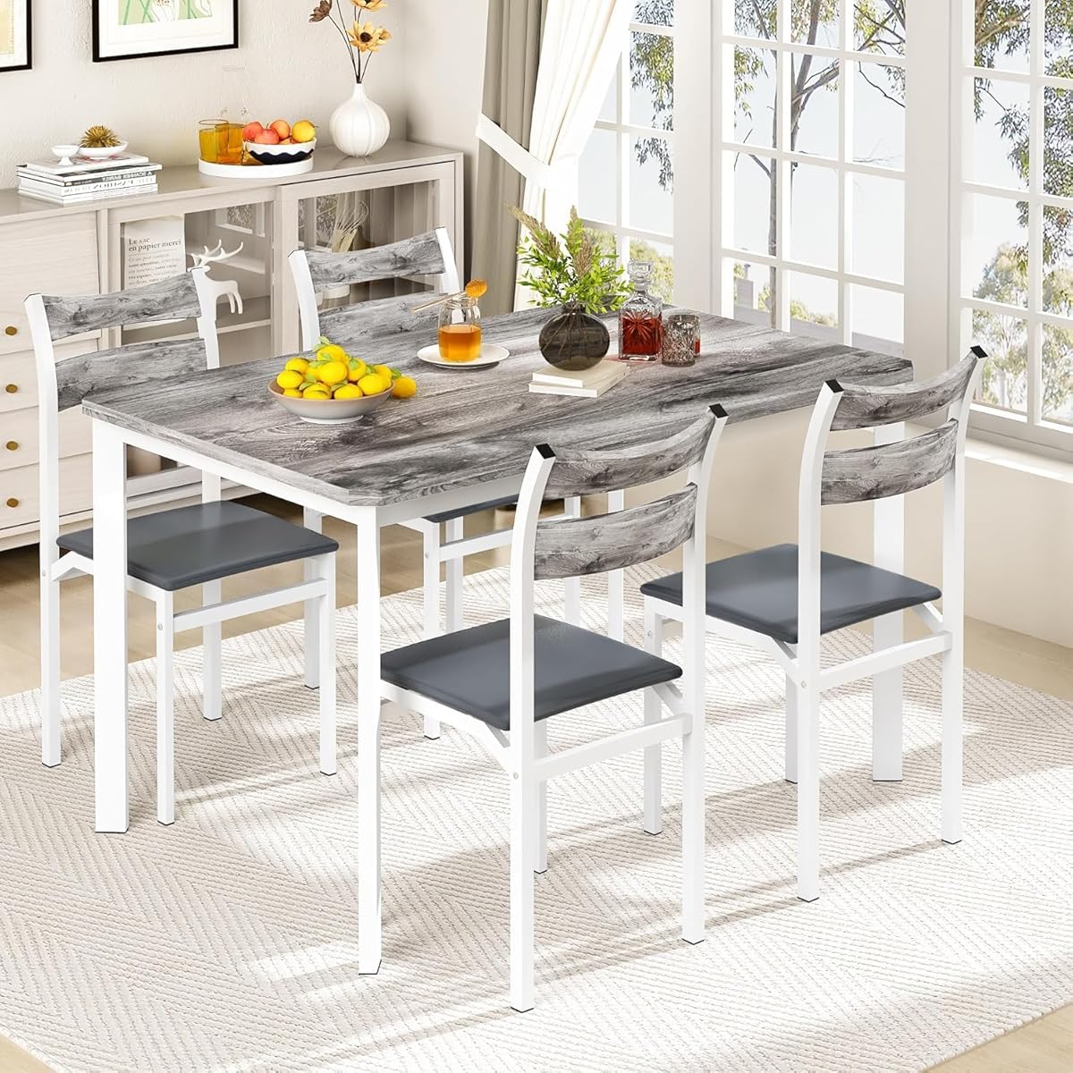 5-Piece Dining Table Set for 4, 43.3" Modern Wood Kitchen Table with PU Leather Chairs, Space-Saving for Small Spaces & Apartments, Easy to Assemble(Grey)