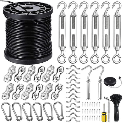 String Light Hanging Kits, 300FT Coated Stainless Steel 304 Wire Rope, Outdoor Light Guide Wire, Globe String Light Suspension Kit Included Turnbuckles, Enough Accessories, Use Manual