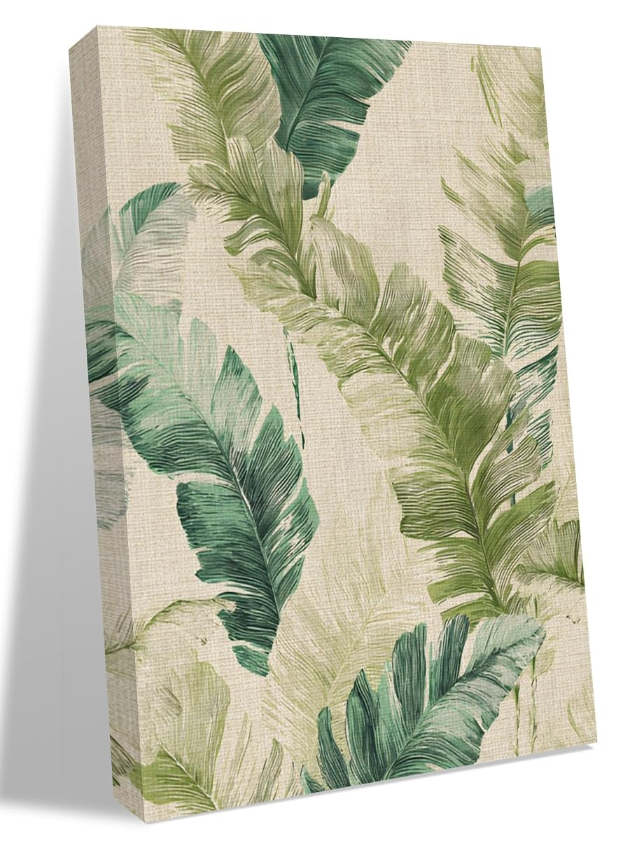 NuYeBiofx Rustic Botanical Palm Leaves Canvas Wall Art Prints,48"x32" Framed Picture Artwork Watercolor Tropical Foliage Linen Printed Canvas Oil Painting for Living Room Bedroom Office,Ready to Hang
