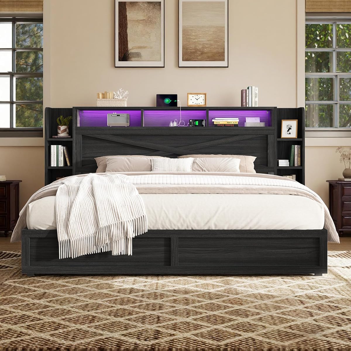 45'' Farmhouse King Bed Frame with Headboard & Storage, Black