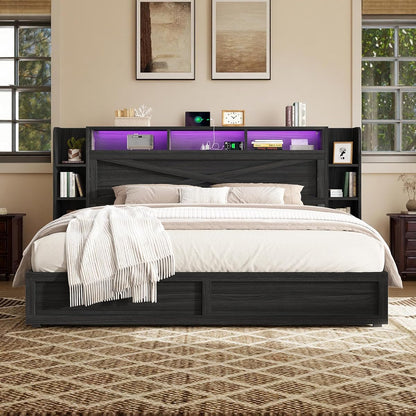 45'' Farmhouse King Bed Frame with Headboard & Storage, Black