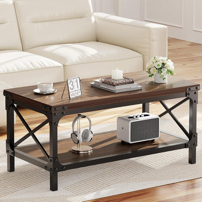 Rectangle Coffee Tables for Living Room, Wood Rectangular Coffee Table, 2 Tier Dark Brown Modern Center Table with Thickened Tabletop and Metal Frame, 40 inch Long (Walnut)
