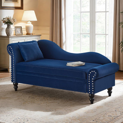 64.5" Velvet Chaise Lounge Chair Indoor with Storage, Navy Blue