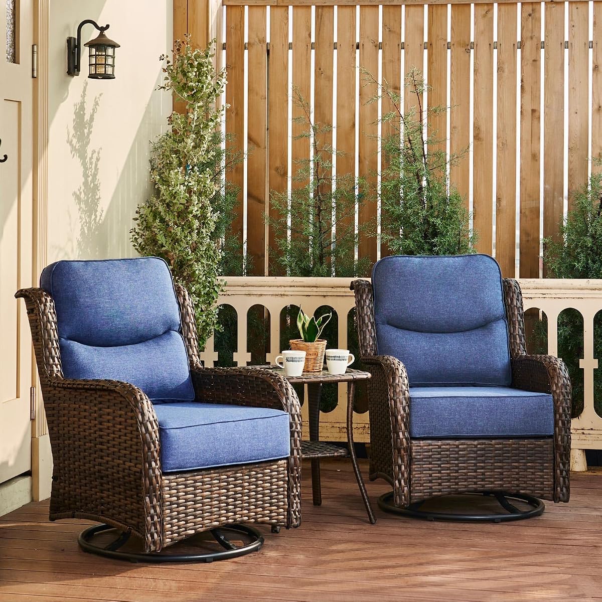Luxury Outdoor Swivel Rocker Patio Chairs of 2 with 6 Inch Thick Cushions and Side Table, Swivel Outdoor Chairs 3PCS High Back Wicker Patio Furniture Set for Porch, Balcony, Deck in Blue