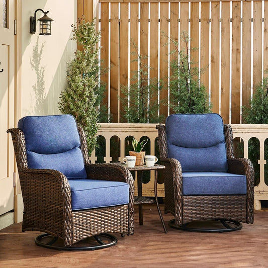 Luxury Outdoor Swivel Rocker Patio Chairs of 2 with 6 Inch Thick Cushions and Side Table, Swivel Outdoor Chairs 3PCS High Back Wicker Patio Furniture Set for Porch, Balcony, Deck in Blue