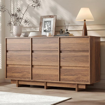 Walnut 9 Drawer Dresser for Bedroom, 59" Wide Chest of Drawers