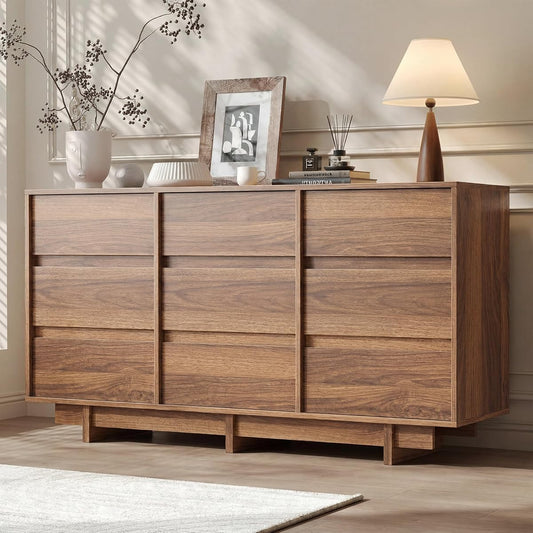 Walnut 9 Drawer Dresser for Bedroom, 59" Wide Chest of Drawers