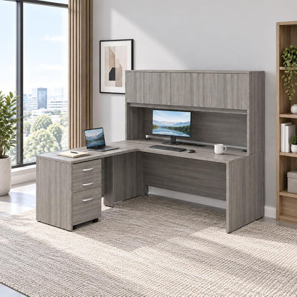 71" L Shaped Executive Desk with Hutch, Built-In Power & Storage Cabinet