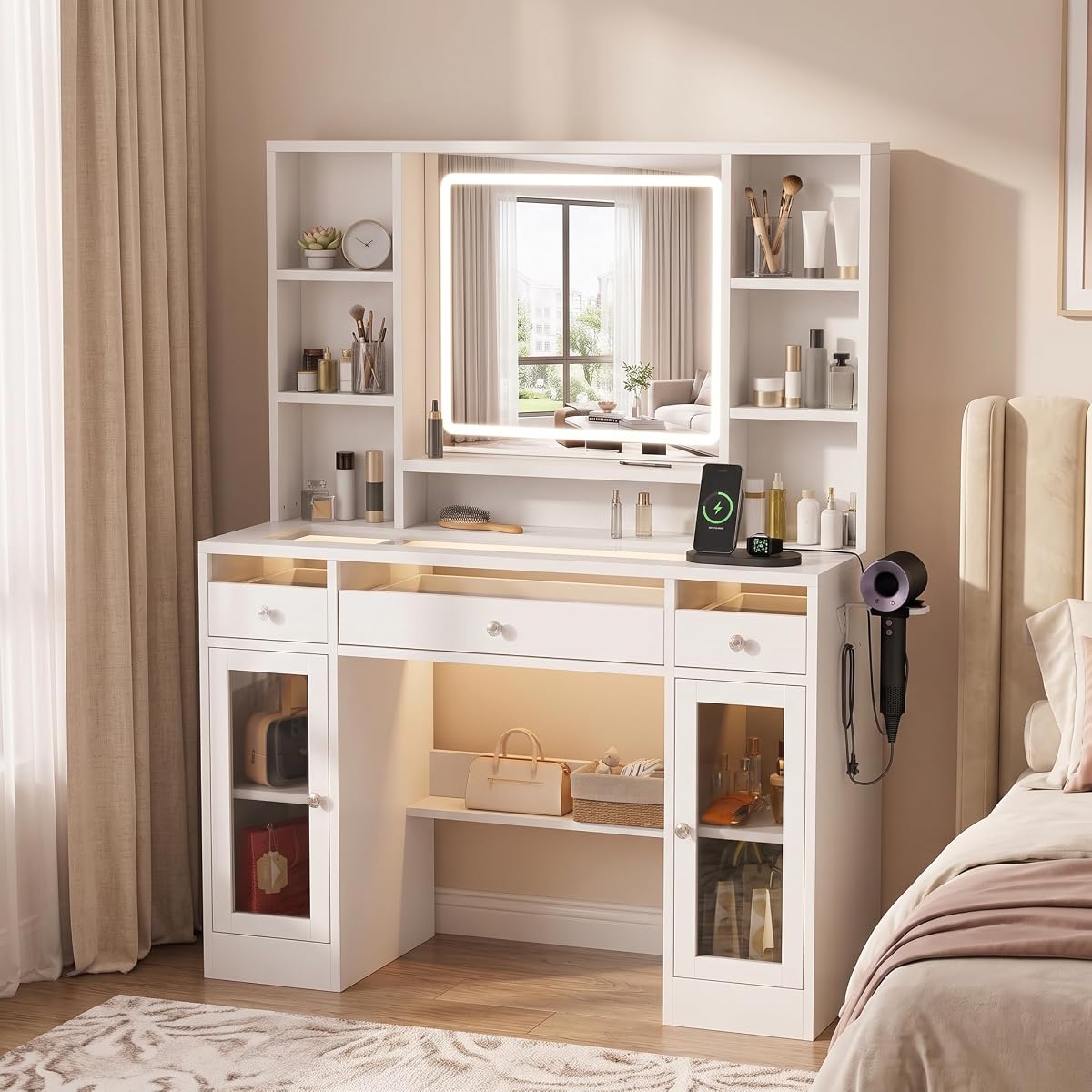 43.3" White Large Makeup Vanity Desk with Glass Top & RGB Lights