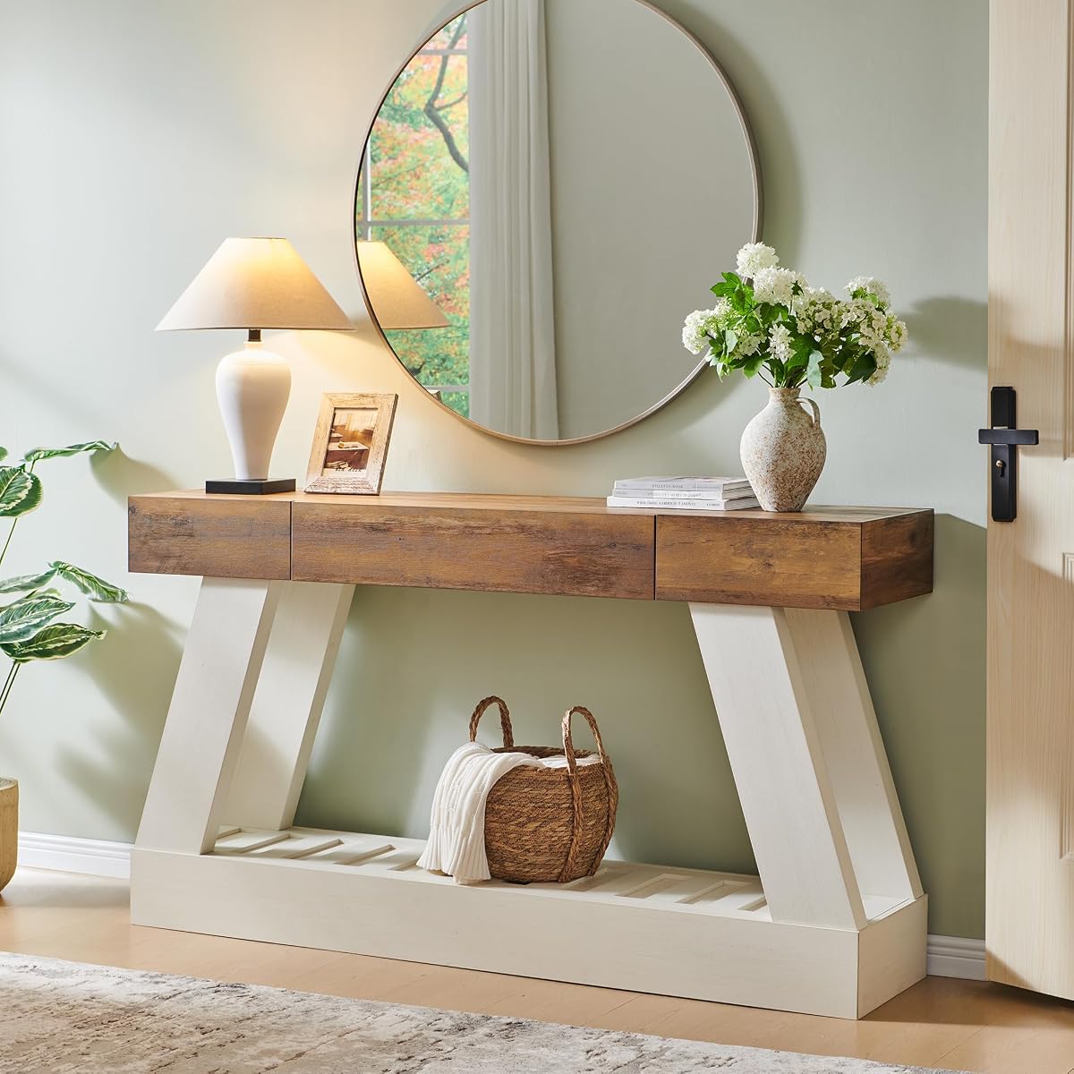 60" Farmhouse Entryway Table with Drawer, Console Table Behind Sofa, Narrow Long Entryway for Hallway, Living Room, Hallway, Behind Couch(Antique White)