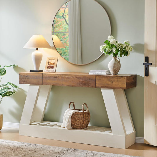 60" Farmhouse Entryway Table with Drawer, Console Table Behind Sofa, Narrow Long Entryway for Hallway, Living Room, Hallway, Behind Couch(Antique White)