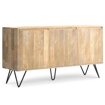 Hunter Buffet - 60 inch Wide Solid Mango Wood 3-Door Sideboard Buffet in Natural, Contemporary Storage Cabinet for Dining Room or Kitchen with Adjustable Shelves and Metal Legs