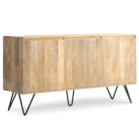 Hunter Buffet - 60 inch Wide Solid Mango Wood 3-Door Sideboard Buffet in Natural, Contemporary Storage Cabinet for Dining Room or Kitchen with Adjustable Shelves and Metal Legs